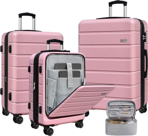 SmileLine Hardside Expandable Luggage W/Quick Access Front Open Pocket Lightweight Carry-on with Makeup Bag, Pink, 4 Piece Set - Image 2