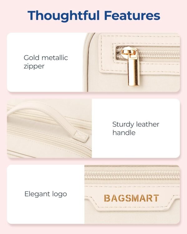 BAGSMART Travel Makeup Bag Large Capacity Cosmetic Bag, Wide-open Portable Make Up Bag Organizer for Women for Travel Essentials Travel-Size Toiletries Accessories Bottles, Brushes (Beige) - Image 8