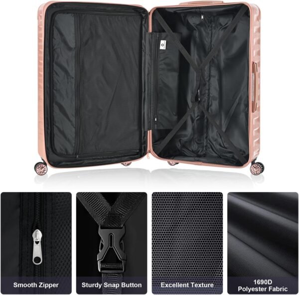 3 Piece Luggage Set, PC+ABS Lightweight Suitcase Sets with 360° Spinner Wheels, Expandable Hardside Carry-On Luggage for Travel Business Stripe RoseGold (20/24/28) - Image 7