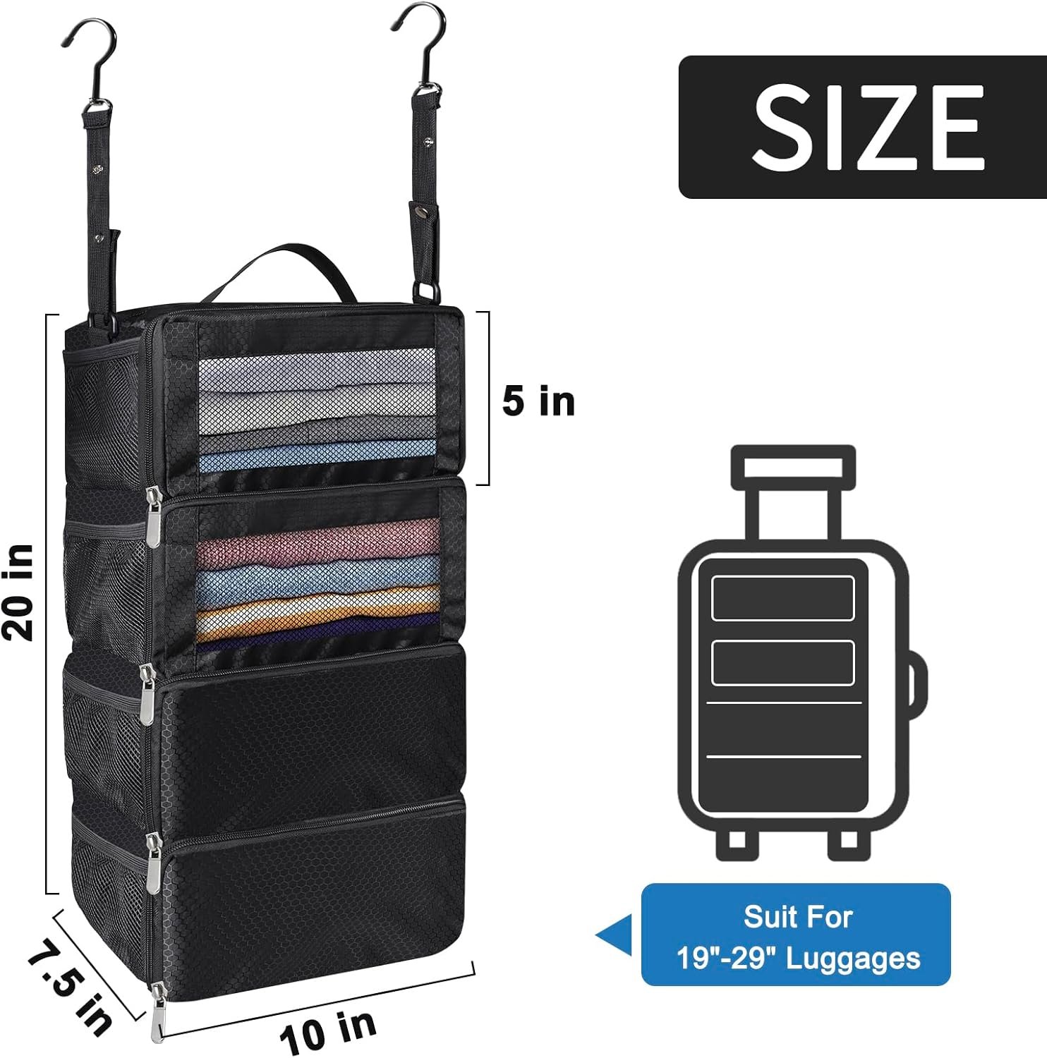 esouler Suitcase Organizer,Travel Packing Organizers Portable Hanging Travel Shelves Collapsible luggage organizers for suitcase Black - Image 3