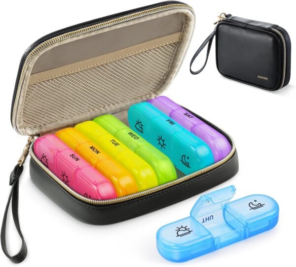 AUVON Weekly Pill Organizer 3 Times a Day, Large Pill Box 7 Day with A PU Leather Bag, Protabel Travel Pill Case Medication Reminder, Daily Pill Box 3 Times a Day for Vitamins, Fish Oils, Supplements - Image 2