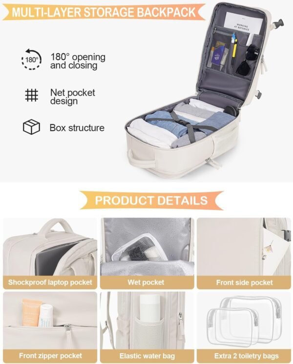 Travel Backpack For Women, Airline Approved Personal Item Bag, Carry On Backpack,17 Inch Laptop Backpack, Waterproof Casual Overnight Bag, Hiking Backpack (Beige) - Image 7