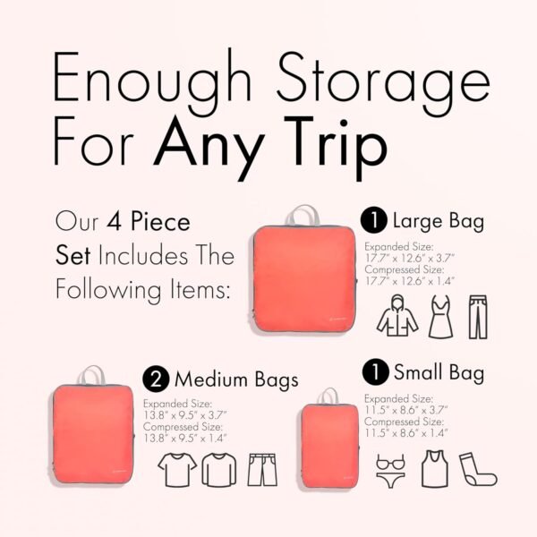Carrywell Compression Packing Cubes For Travel, Luggage Organizer, Space Saver for Travel Essentials, Not Made In China (4pc, Coral) - Image 3