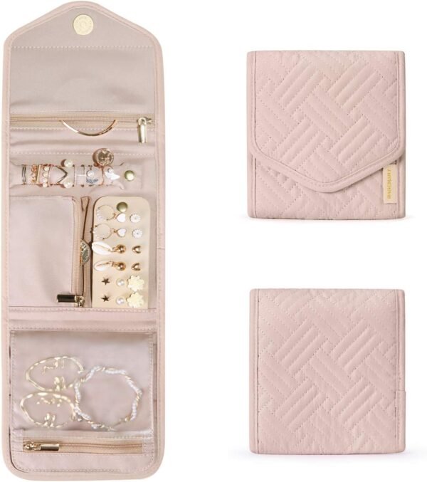 BAGSMART Travel Jewelry Organizer Case Foldable Jewelry Roll for Journey-Rings, Necklaces, Earrings, Bracelets,Mini,Soft Pink - Image 2