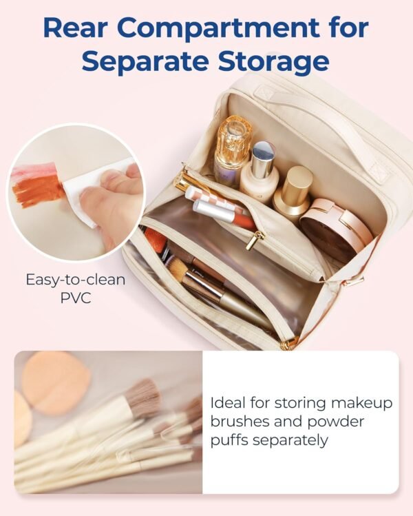 BAGSMART Travel Makeup Bag Large Capacity Cosmetic Bag, Wide-open Portable Make Up Bag Organizer for Women for Travel Essentials Travel-Size Toiletries Accessories Bottles, Brushes (Beige) - Image 5