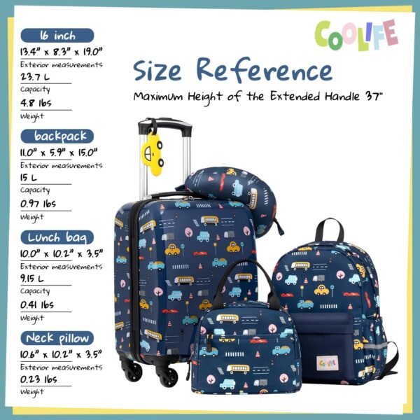 Coolife Kid’s Luggage Set 5 Piece Suitcase Set 16’’ Carry on Hardside Spinner Toddler Luggage Travel Rolling Luggage Girls Boys - Image 8