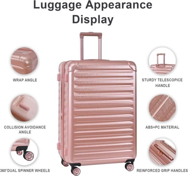 3 Piece Luggage Set, PC+ABS Lightweight Suitcase Sets with 360° Spinner Wheels, Expandable Hardside Carry-On Luggage for Travel Business Stripe RoseGold (20/24/28) - Image 6