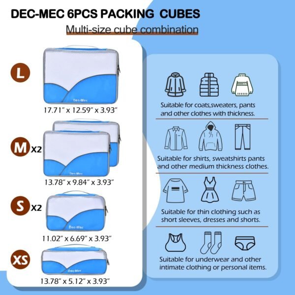 6 Set Packing Cubes for Travel (L,M,S,XS)-Suitcases Organizer Set for Travel Accessories Travel Essentials, Luggage Packing Bags for Carry on Suitcase (6set, Blue) - Image 3