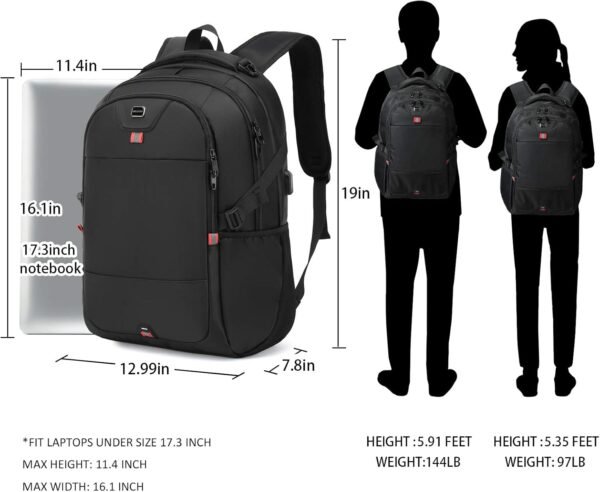 INSAVANT Laptop Backpack 17 Inch Water Resistant Backpacks Durable College Travel Daypack Anti Theft with USB Charging Port Best Gift for Men Women(17 Inch, Black) - Image 7