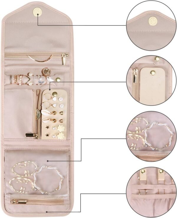 BAGSMART Travel Jewelry Organizer Case Foldable Jewelry Roll for Journey-Rings, Necklaces, Earrings, Bracelets,Mini,Soft Pink - Image 9