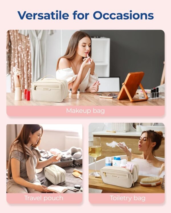 BAGSMART Travel Makeup Bag Large Capacity Cosmetic Bag, Wide-open Portable Make Up Bag Organizer for Women for Travel Essentials Travel-Size Toiletries Accessories Bottles, Brushes (Beige) - Image 7