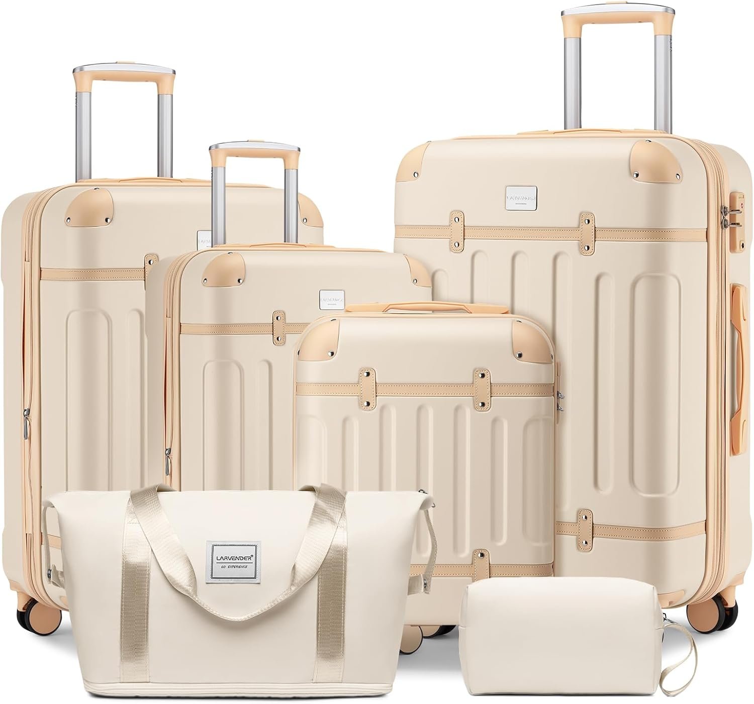 LARVENDER Luggage Sets 6 Piece, Expandable Luggage Hardshell Suitcase Sets with Spinner Wheels TSA Locks, Vintage Travel Luggage Set Clearance for Men and Women, Cream White - Image 2