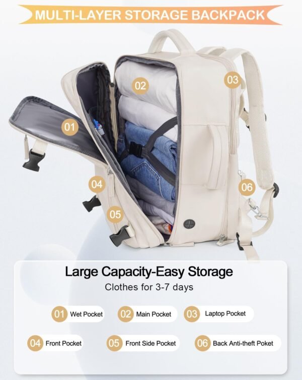Travel Backpack For Women, Airline Approved Personal Item Bag, Carry On Backpack,17 Inch Laptop Backpack, Waterproof Casual Overnight Bag, Hiking Backpack (Beige) - Image 9