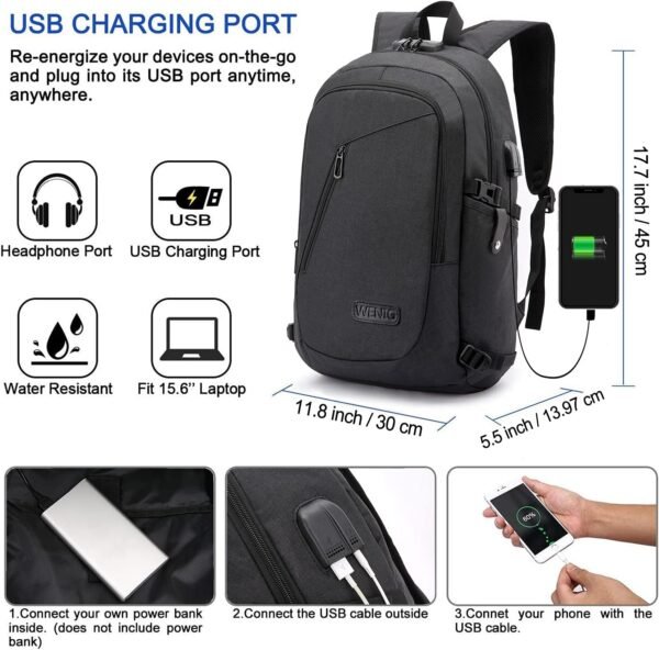 WENIG Anti-Theft Travel Laptop Backpack with USB Charging Port Lock,Water Resistant Slim Work Computer Bag for Men College Bookbags Fits 15.6 Inch Laptop - Image 3