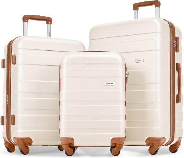 Merax 3 Pcs ABS Hardside Luggage Set Spinner Wheel Suitcase TSA Lock, Brown/Ivory, 20/24/28 Inch - Image 2