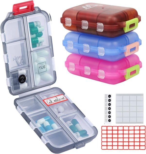 4PS Travel Pill Organizer with 164 Slice Labels，10 Compartments Travel Pill Box Portable Folding Small Pill Case Daily Pill Container Used for Carry Storage Medicine Organizer by M MUchengbao - Image 2