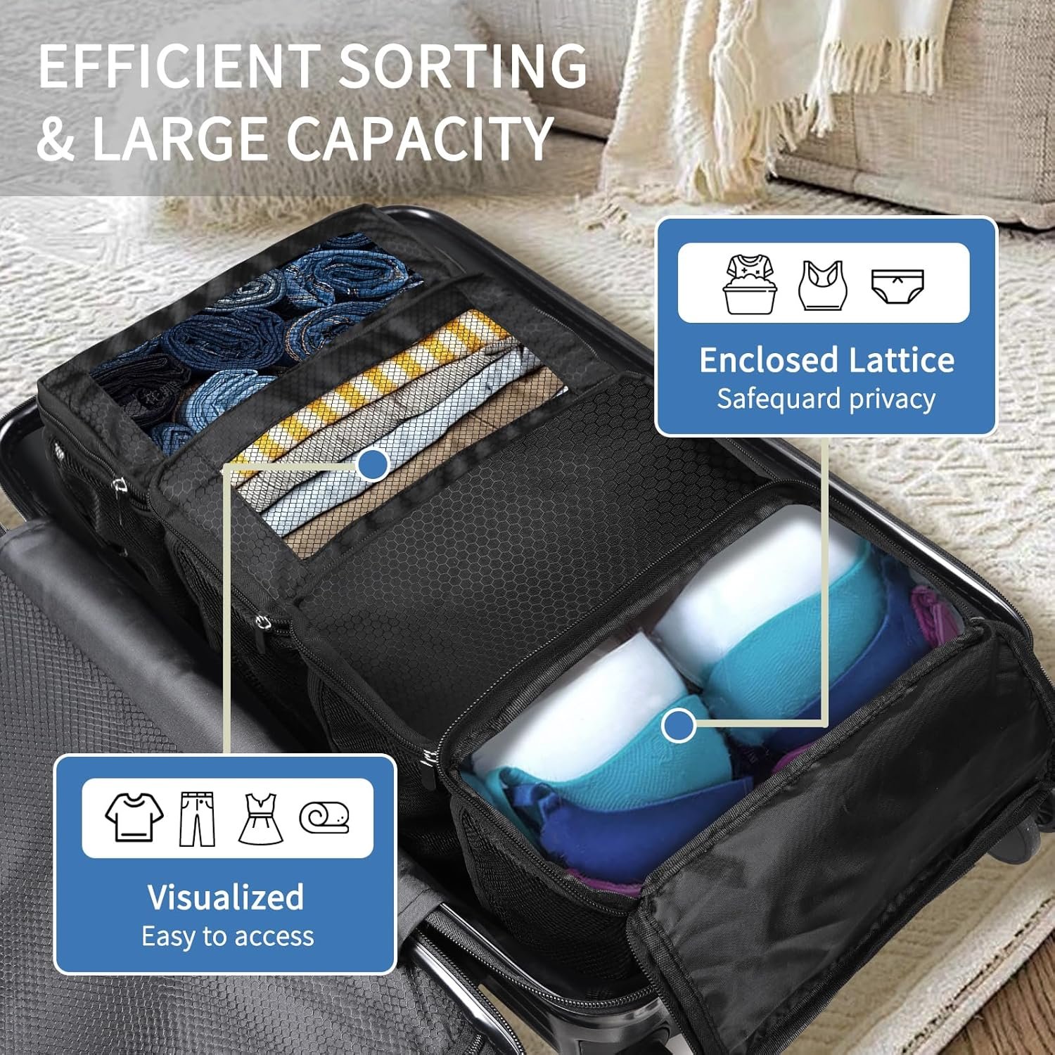 esouler Suitcase Organizer,Travel Packing Organizers Portable Hanging Travel Shelves Collapsible luggage organizers for suitcase Black - Image 4