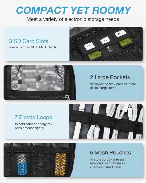 BAGSMART Electronics Organizer Travel Case, Small Cable Organizer Bag for Essentials, Tech Organizer as Accessories, Cord Organizer for Phone, Power Bank, SD Card, Black - Image 4
