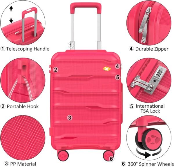 Carry On Luggage 22x14x9 Airline Approved, Hard Shell Suitcase with Spinner Wheels, PP Lightweight Luggages with TSA Lock, Carry-On Suitcases 20 Inch, Red - Image 6