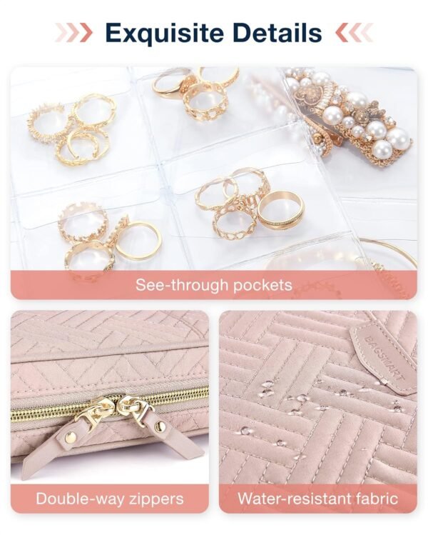 BAGSMART Jewelry Travel Organizer Case for Home Jewelry Organizer Storage Ring Binder Jewelry Bags Clear Jewelry Rolls Zipper Pouch Bag for Necklaces, Earrings, Rings, Bracelets, Pink - Image 6