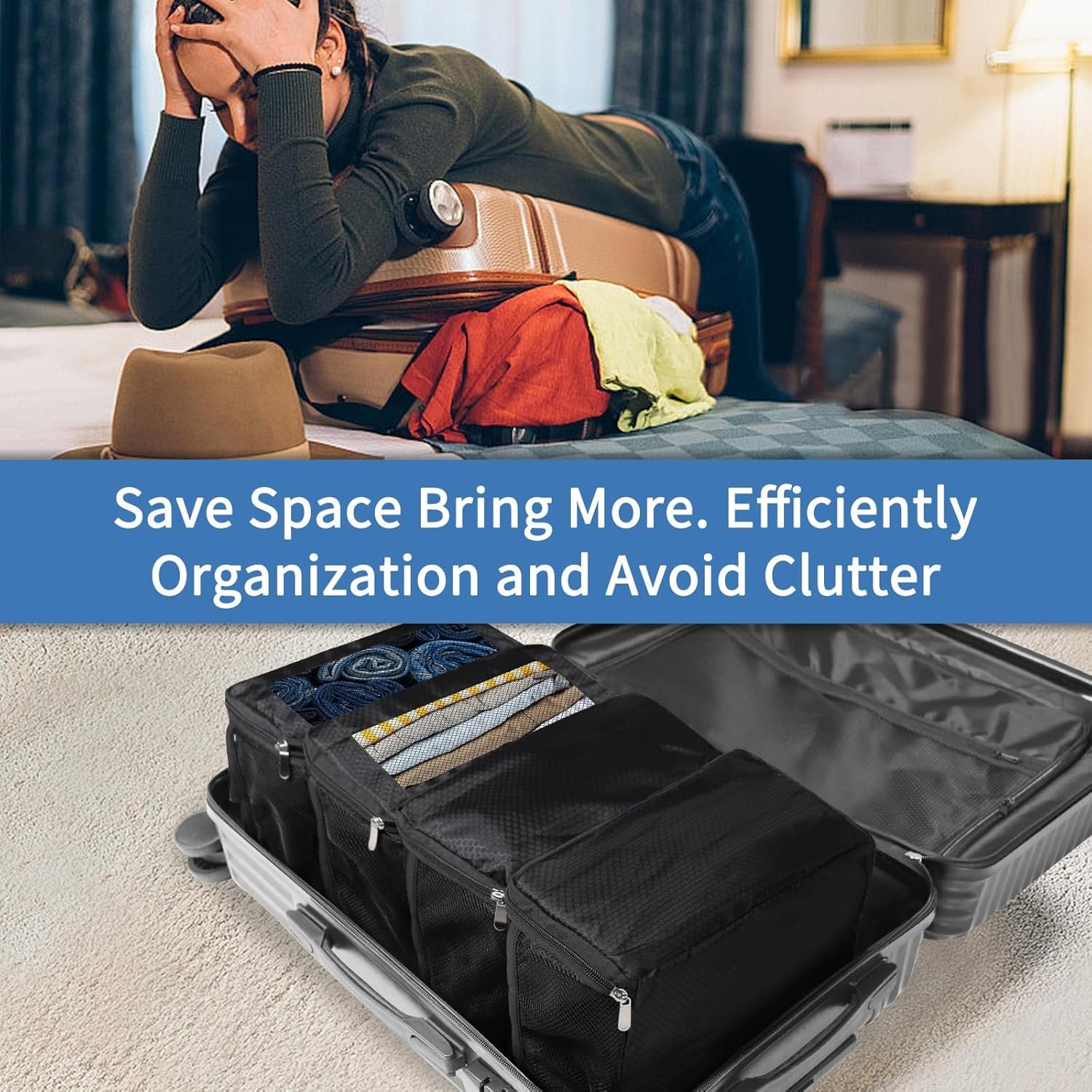 esouler Suitcase Organizer,Travel Packing Organizers Portable Hanging Travel Shelves Collapsible luggage organizers for suitcase Black - Image 6