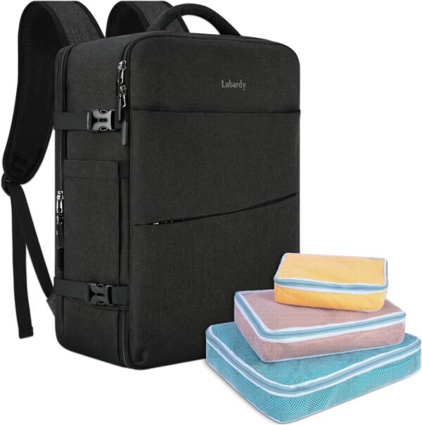Travel Backpack for Men Women 17 Inch Flight Approved Carry on Backpack Waterproof Large 40L Luggage Daypack Business College Weekender Overnight Laptop Backpack with 3 Packing Cubes, Black - Image 2