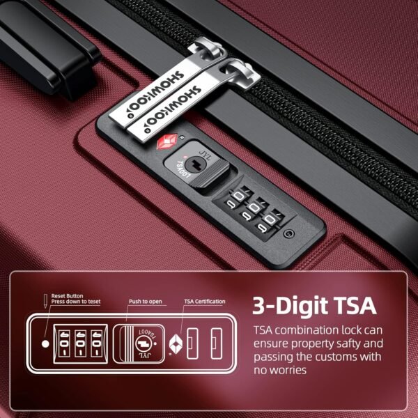 SHOWKOO Luggage Sets Expandable PC+ABS Durable Suitcase Double Wheels TSA Lock 3pcs Red Wine - Image 6