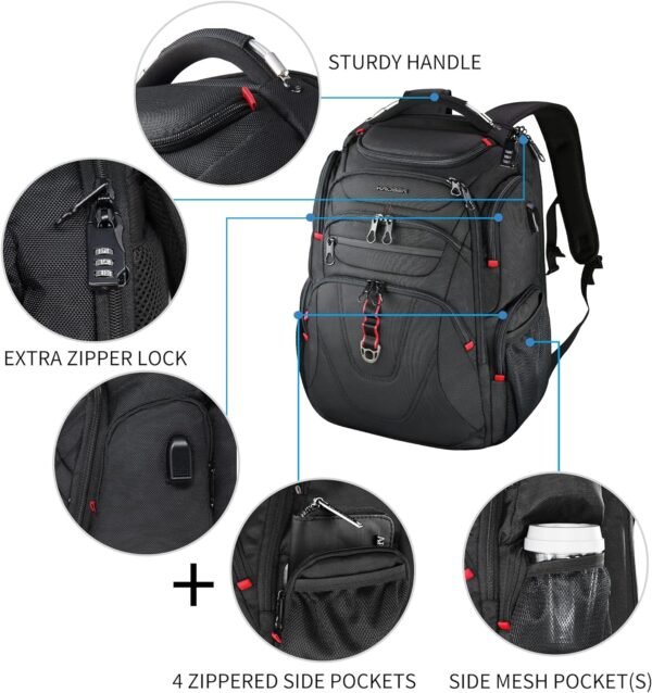 KROSER TSA Friendly Travel Laptop Backpack 17.3 inch XL Computer Backpack Water-Repellent College Daypack Business Backpack with RFID Pockets & USB Port for Men/Women-Black - Image 6
