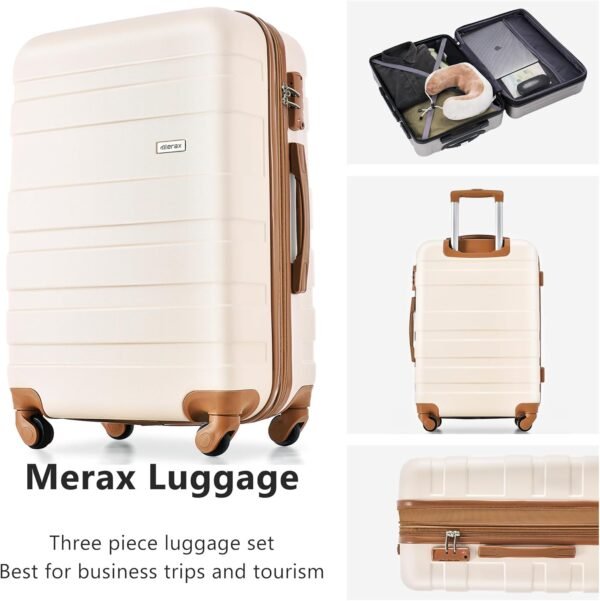 Merax 3 Pcs ABS Hardside Luggage Set Spinner Wheel Suitcase TSA Lock, Brown/Ivory, 20/24/28 Inch - Image 3