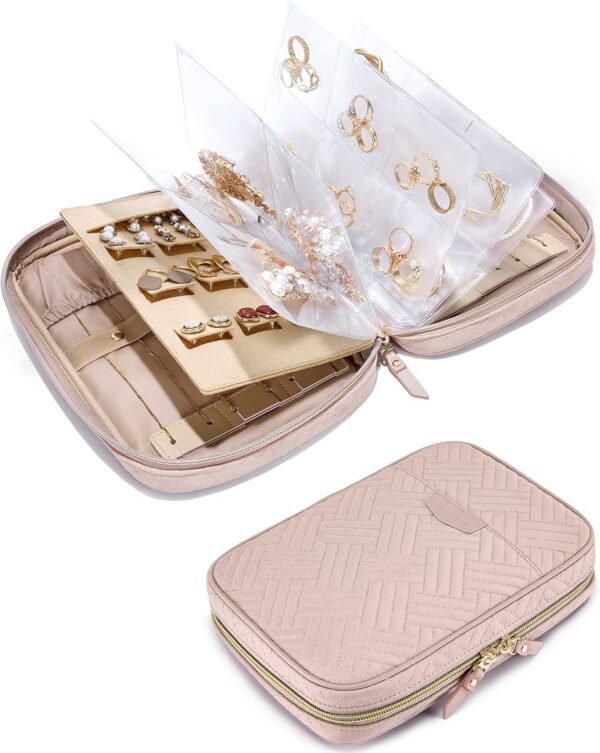 BAGSMART Jewelry Travel Organizer Case for Home Jewelry Organizer Storage Ring Binder Jewelry Bags Clear Jewelry Rolls Zipper Pouch Bag for Necklaces, Earrings, Rings, Bracelets, Pink - Image 2
