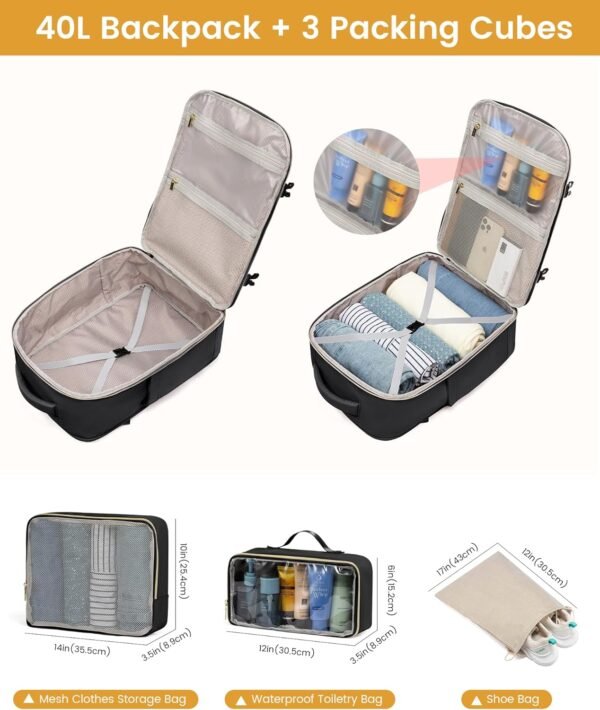 LOVEVOOK Large Travel Backpack for Women, Carry On Bag Backpack Flight Approved, 40L TSA Personal Item Travel Bag with 3 Packing Cubes, Waterproof 17 Inch Laptop Hiking Casual Bag Backpack - Image 4