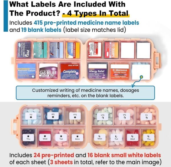 3 Pack 14 Grids Travel Pill Organizer Box with 415-Pcs Medicine Name Labels - Pocket Daily Pharmacy Case Container Kit - Travel Medication Holder Dispenser for Fish Oil Vitamin Supplement Storage - Image 4