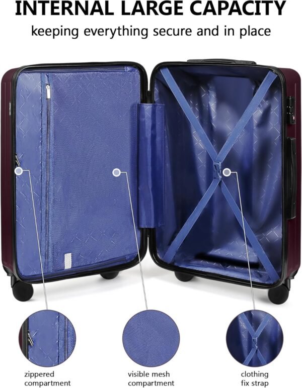 3 Piece Luggage Set, Hardside Lightweight Suitcase Sets with Spinner Wheels (20inch/24inch/28inch,Wine) - Image 8