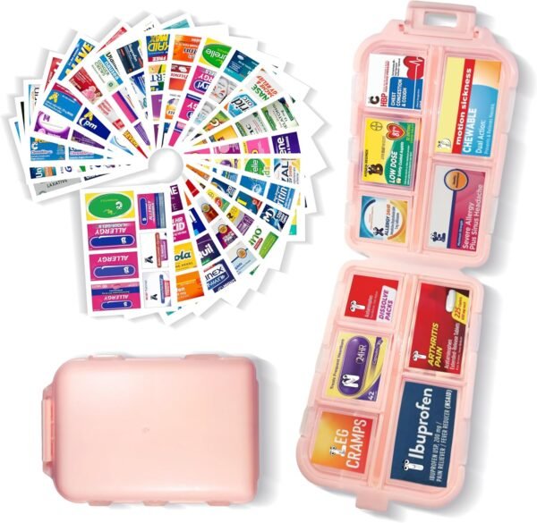 Pill Organizer with Medicine Labels 161 Labels Travel Daily Pill Container Mini Medication Organizer Storage Pill Organizer Travel Essentials Pill Case 7 Day Pill Organizer (Pink, 1 Pack) - Image 2
