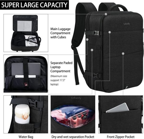 Travel Backpack for Men Women 17 Inch Flight Approved Carry on Backpack Waterproof Large 40L Luggage Daypack Business College Weekender Overnight Laptop Backpack with 3 Packing Cubes, Black - Image 5