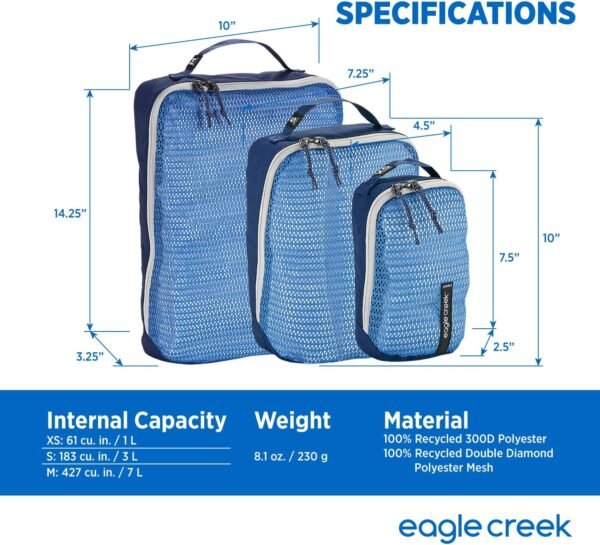 Eagle Creek Pack-It Reveal Packing Cubes Set XS/S/M - Durable, Ultra-Lightweight, Water-Resistant Ripstop Fabric Suitcase Organizers with Mesh Windows, Az Blue/Grey - Image 8