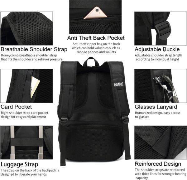 INSAVANT Laptop Backpack 17 Inch Water Resistant Backpacks Durable College Travel Daypack Anti Theft with USB Charging Port Best Gift for Men Women(17 Inch, Black) - Image 5