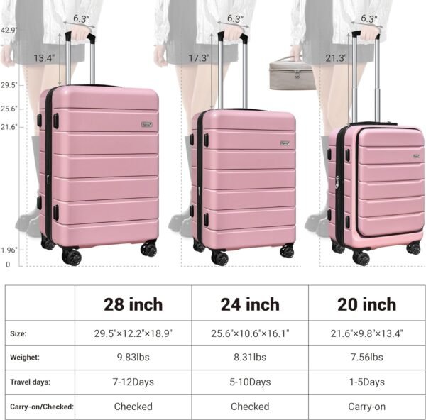 SmileLine Hardside Expandable Luggage W/Quick Access Front Open Pocket Lightweight Carry-on with Makeup Bag, Pink, 4 Piece Set - Image 3