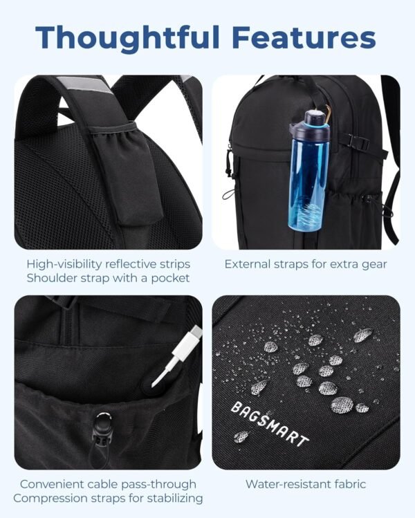 BAGSMART Travel Backpack for Men and Women, Lightweight 15.6" Sport Bag, Large Weekender Bag, Water Resistant Stylish Casual Bookbag for Flight, College, Outdoor, Black - Image 4