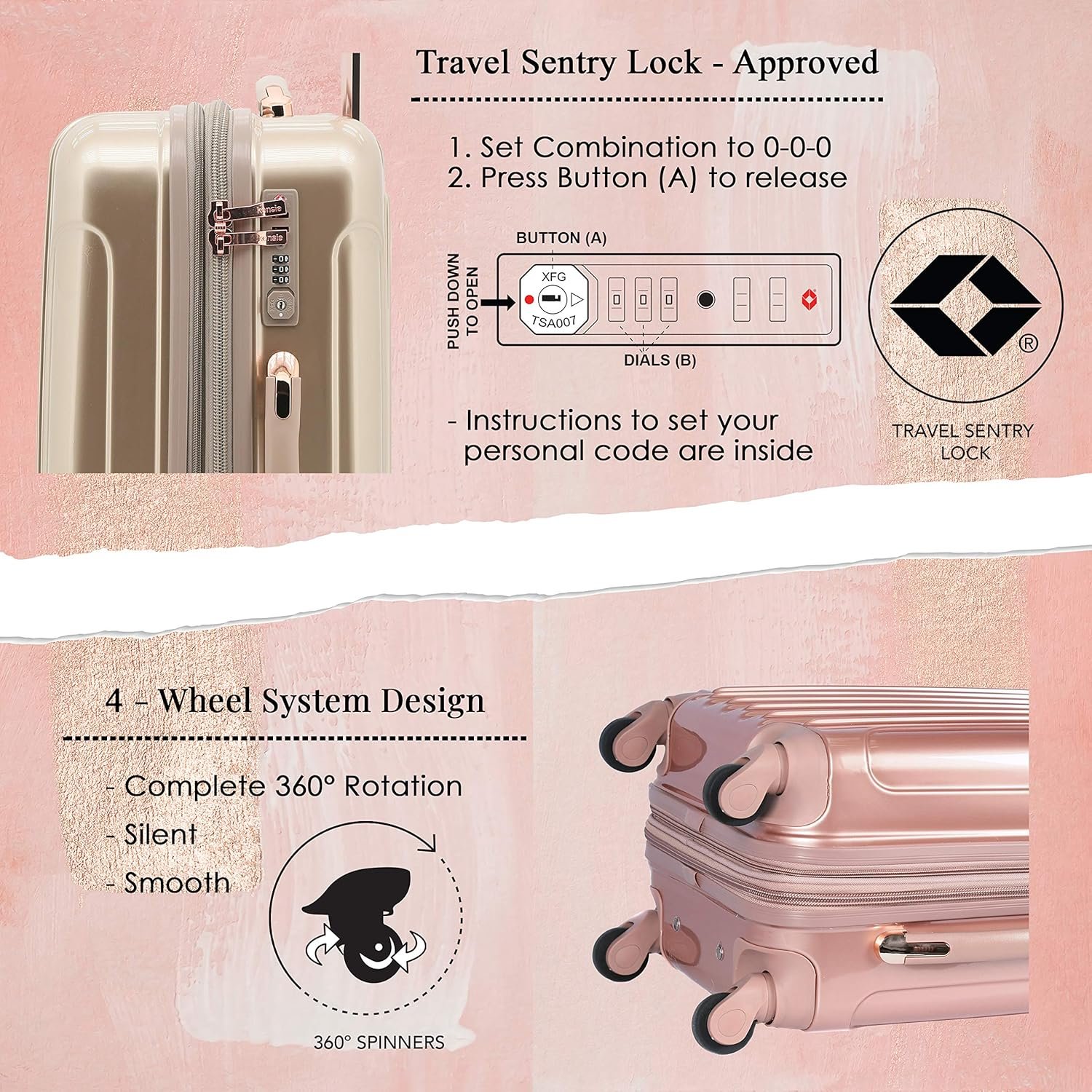 kensie Women's Alma Hardside Spinner Luggage, Rose Gold, Carry-On 20-Inch - Image 3
