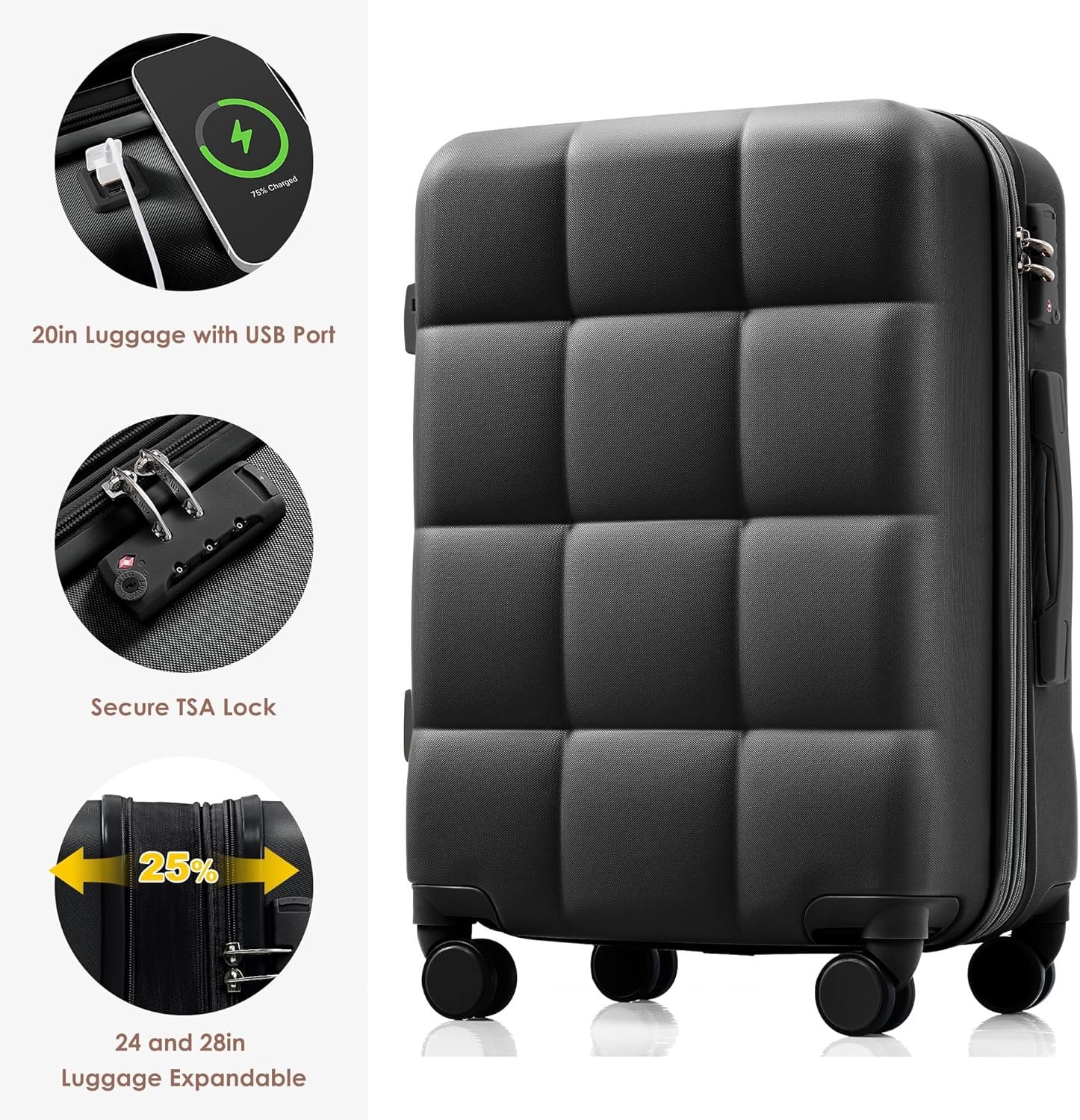 Merax 3 Piece ABS Hardside Luggage Sets Expandable Spinner Wheels Suitcase with TSA, Dark Grey, 20/24/28 Inch - Image 4