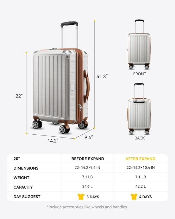 LUGGEX Carry On Luggage Sets 3 Piece - PC Expandable Hardshell Luggage with Spinner Wheels (White-Brown Suitcase) - Image 7