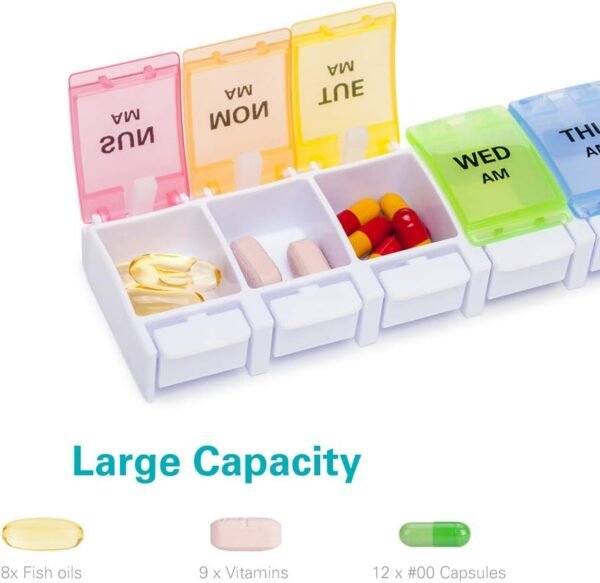 Sukuos AM PM Weekly 7 Day Pill Organizer 2 Times A Day, Large Daily Pill Box with Easy Push Button Design, Detachable Pill Case for Medicine/Vitamin/Fish Oil/Supplements (Rainbow) - Image 4