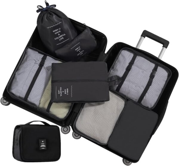 8 Set Packing Cubes Laundry Pouch, Travel Storage Bag Organizers, Travel Luggage Organizer Pouch, Travel Cubes with Large Toiletries Bag, Shoe Bag for Travel Carry On Suitcase Clothes (Black) - Image 3