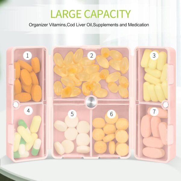 FYY Daily Pill Organizer, 7 Compartments Portable Pill Case Travel Pill Organizer,[Folding Design] Pill Box for Purse Pocket to Hold Vitamins,Cod Liver Oil,Supplements and Medication-Pink - Image 3