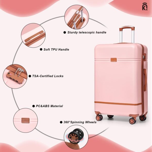 Krute Luggage Set 5 Piece Suitcase Set Carry-On Luggage, PC ABS TSA Lock Hard shell Lightweight Checked Luggage Set with Spinner Wheels for Family Travel (Pink) - Image 4
