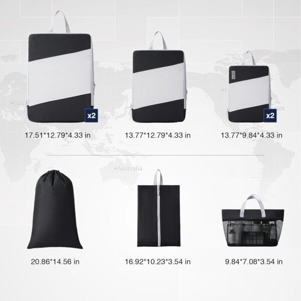 Packing Cubes for Travel, DIMJ Large Capacity Compression Packing Cubes Sturdy Compression Packing Cubes Travel, Packing Cubes for Suitcases with Mesh Toiletry Bag, 8 Pack, White and Black - Image 3