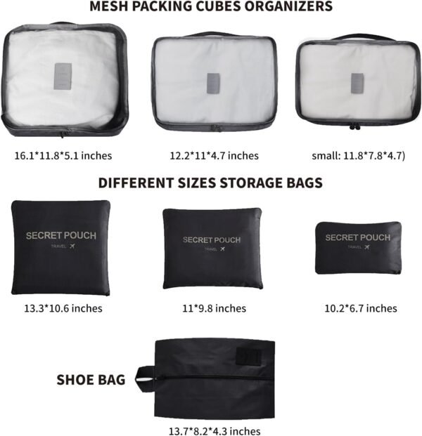 7 Set Packing Cubes,Travel Essentials for Carry On,Lightweight Essential Travel Luggage Packing Organizers,Clothes and Shoes,Cube with Zipper,Travel Accessories with A Shoe Bag -(Black） - Image 3