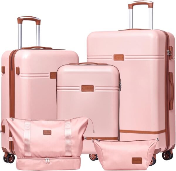 Krute Luggage Set 5 Piece Suitcase Set Carry-On Luggage, PC ABS TSA Lock Hard shell Lightweight Checked Luggage Set with Spinner Wheels for Family Travel (Pink) - Image 2