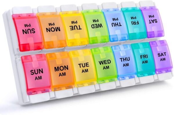 Sukuos AM PM Weekly 7 Day Pill Organizer 2 Times A Day, Large Daily Pill Box with Easy Push Button Design, Detachable Pill Case for Medicine/Vitamin/Fish Oil/Supplements (Rainbow) - Image 2